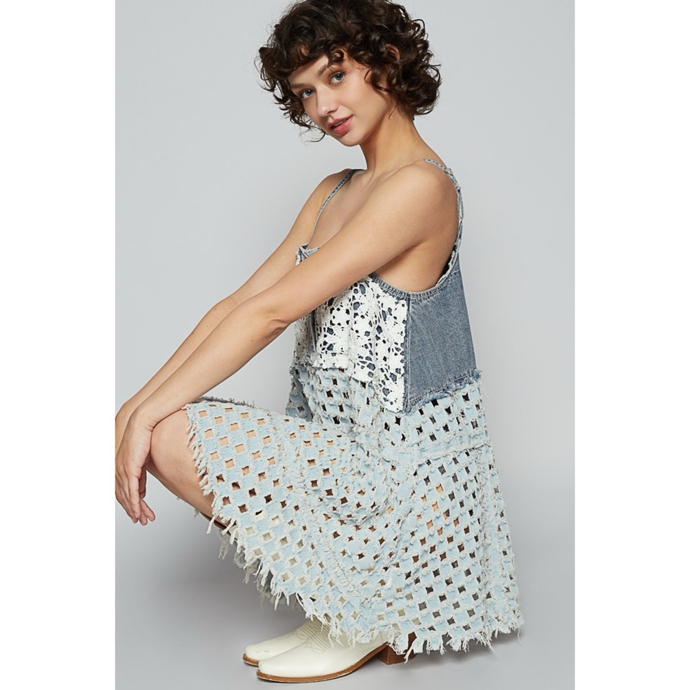 POL Convertible Denim Top Dress | Lace Overlay Boho Western - Picture 4 of 10